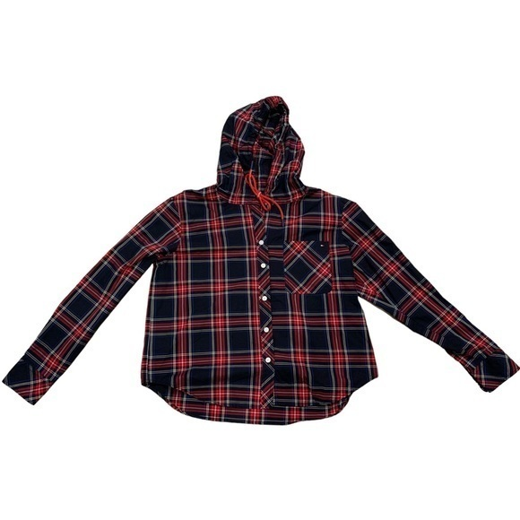 Tommy Hilfiger Tops - Tommy Hilfiger Women‎ Sz: Small Hoodie Red & Blue Plaid Button Down